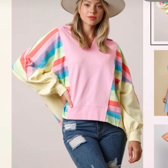 Fantastic Fawn Tops - BNWT Boutique Pink Multi Colorblock Bubble Sleeve Top/Sweater